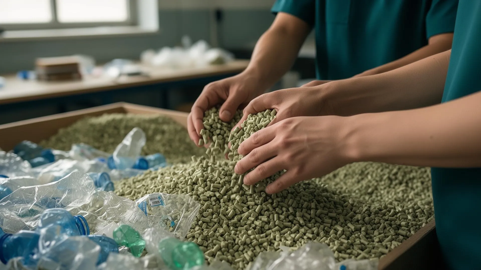 Hands sorting green coffee beans beside recovered plastic, part of a community circular economy program.