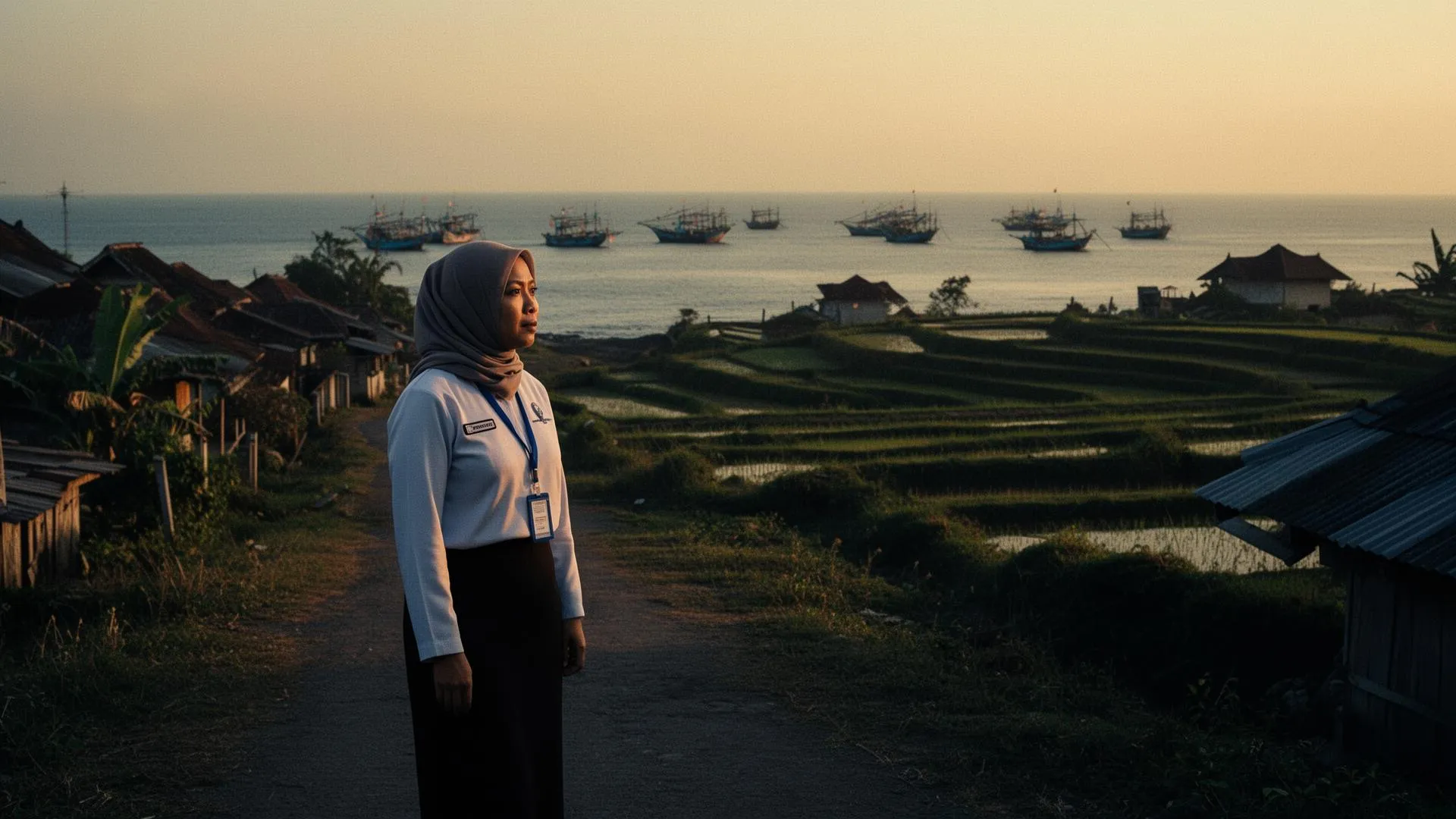 Perahu nelayan berlabuh di perairan desa pesisir Indonesia saat fajar, dengan sawah berundak di belakang garis pantai.