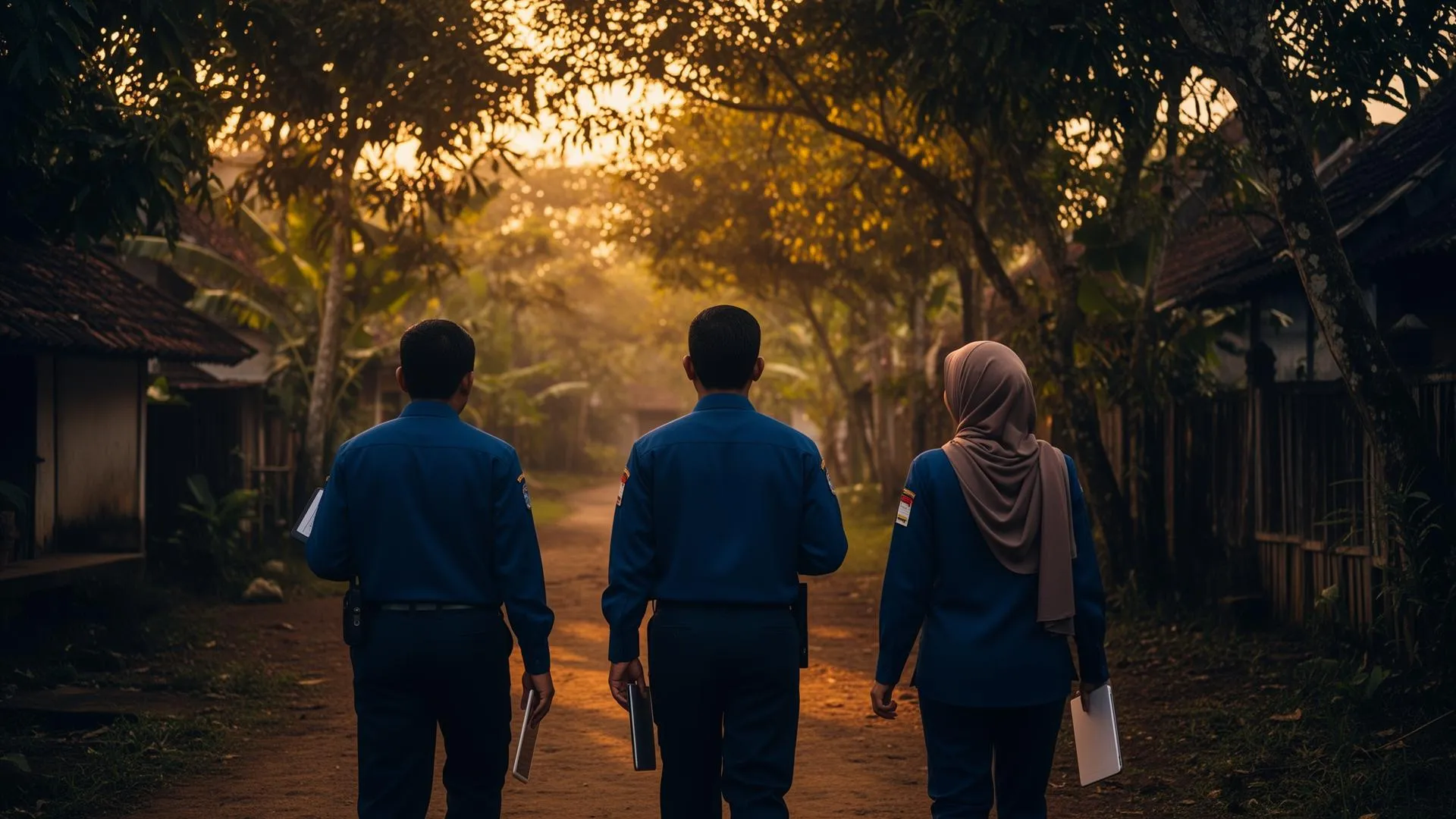 BisaBaik field operations team walking a rural village pathway.