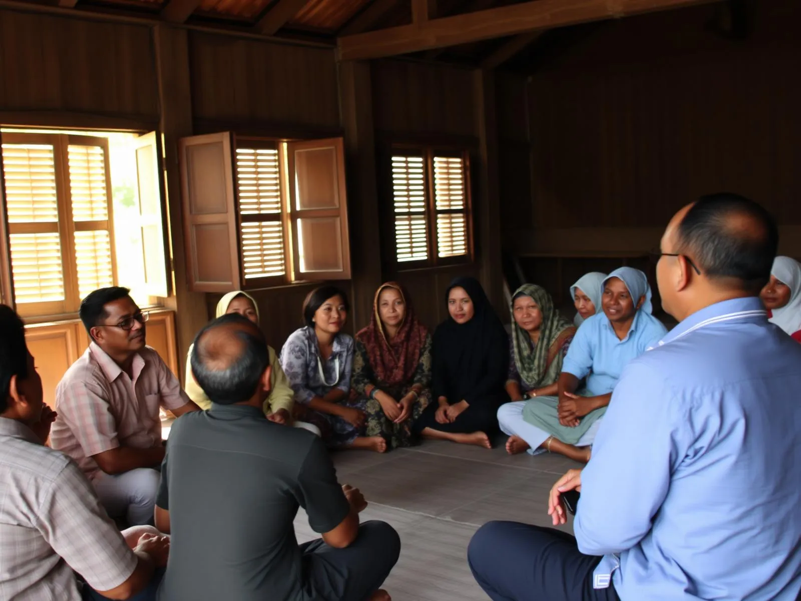 Warga dan fasilitator BisaBaik duduk melingkar dalam sesi perencanaan partisipatif.